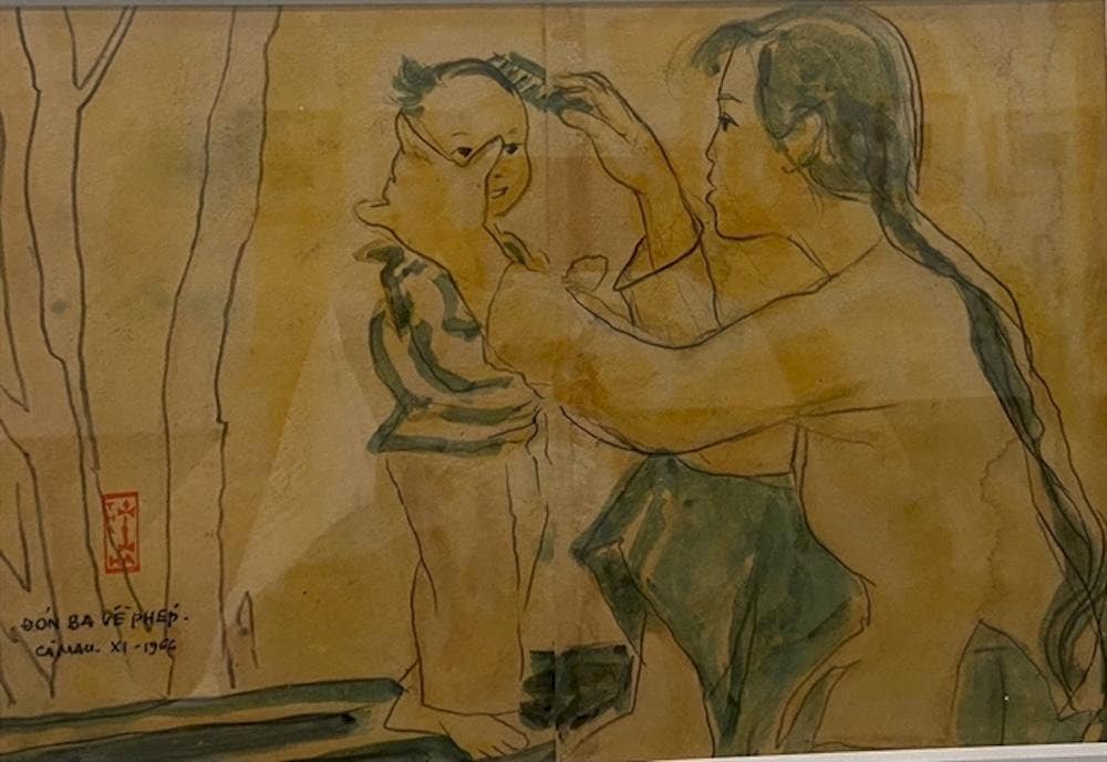 The painting "Welcoming Father Home on Leave" is a watercolor painting by artist Thai Ha, displayed at the Ho Chi Minh City Museum of Fine Arts
